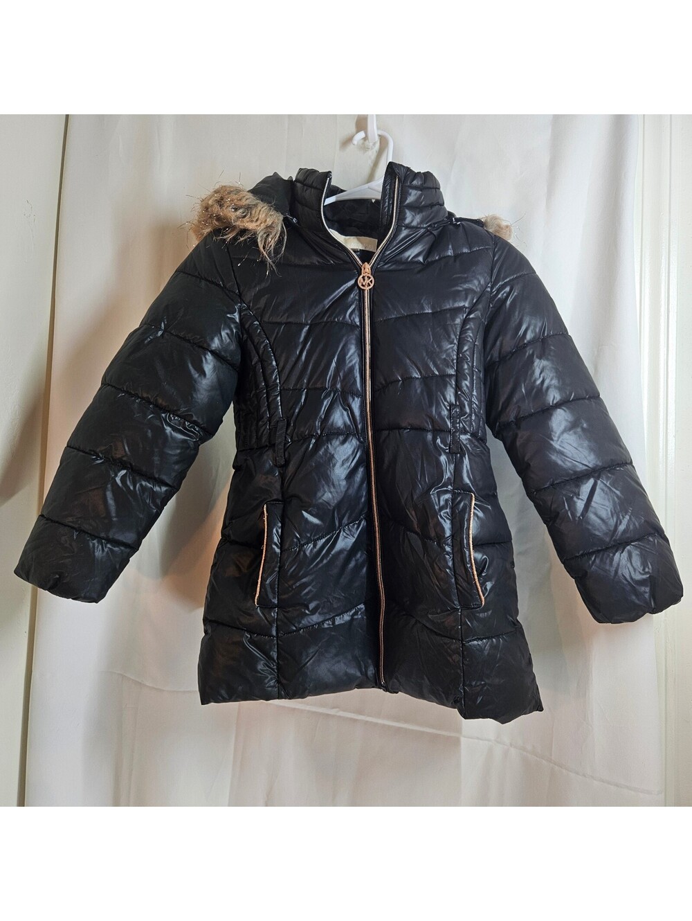 Michael Kors Girls Black Puffer Coat with Faux Fur Hood Size 7/8